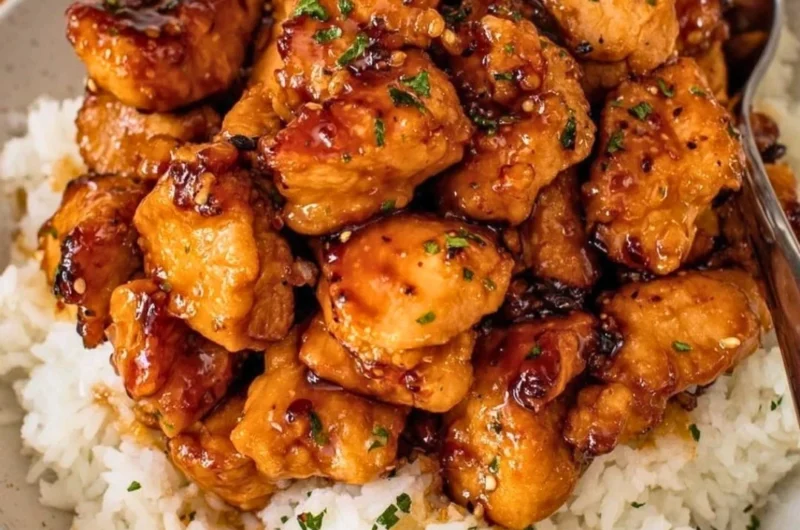 Delicious 20 Minute Honey Garlic Chicken Bites served with garnishes