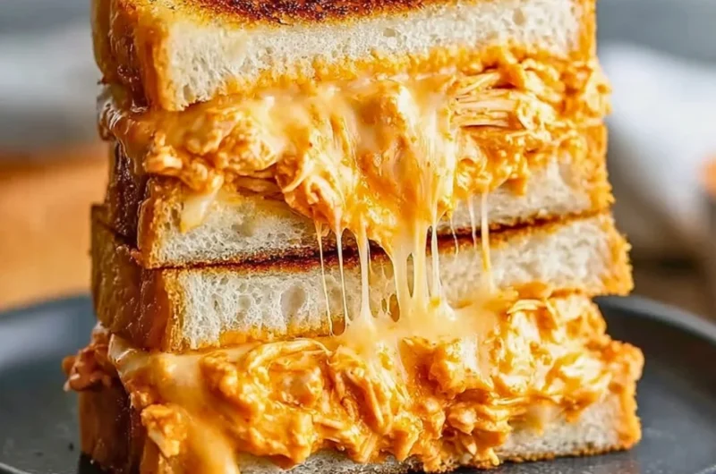 Delicious Buffalo Chicken Grilled Cheese Sandwich with melted cheese and spicy chicken