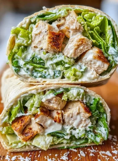 Delicious Chicken Caesar Salad Wraps featuring fresh lettuce, grilled chicken, and creamy dressing.