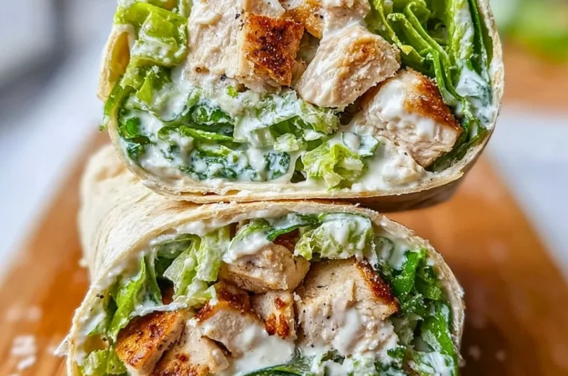 Delicious Chicken Caesar Salad Wraps featuring fresh lettuce, grilled chicken, and creamy dressing.