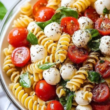 Colorful Caprese Pasta Salad with fresh tomatoes, mozzarella, and basil