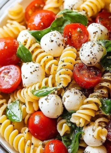 Colorful Caprese Pasta Salad with fresh tomatoes, mozzarella, and basil