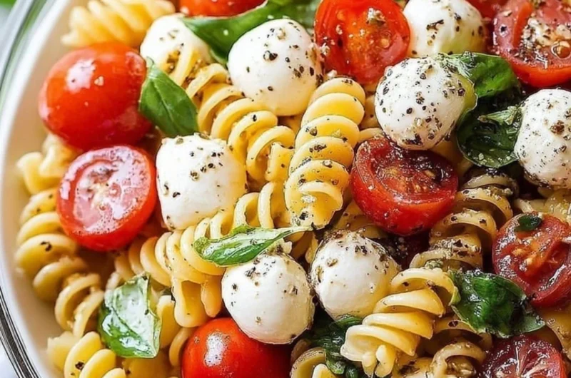 Colorful Caprese Pasta Salad with fresh tomatoes, mozzarella, and basil