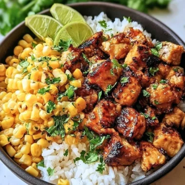 Colorful chicken rice bowl topped with fresh vegetables and herbs