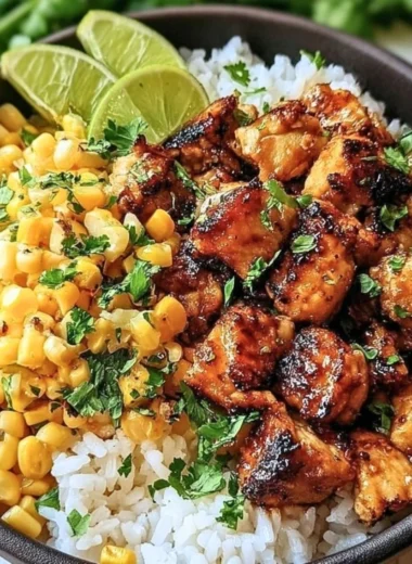 Colorful chicken rice bowl topped with fresh vegetables and herbs