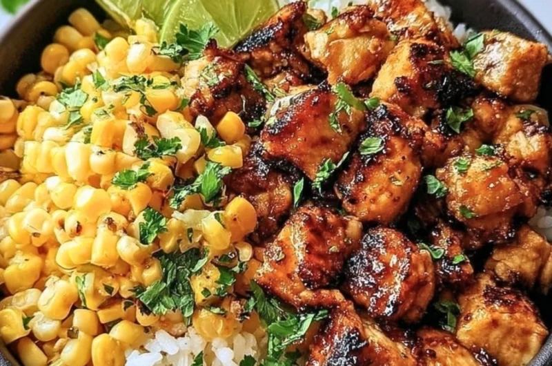 Colorful chicken rice bowl topped with fresh vegetables and herbs