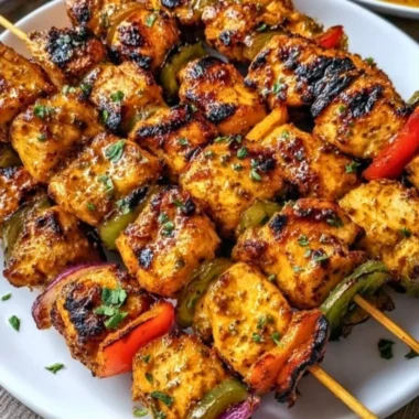 Delicious grilled chicken skewers drizzled with cowboy butter, ready to serve.