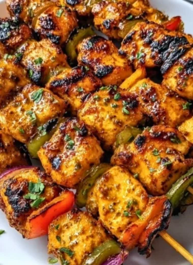 Delicious grilled chicken skewers drizzled with cowboy butter, ready to serve.