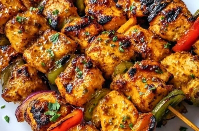 Delicious grilled chicken skewers drizzled with cowboy butter, ready to serve.