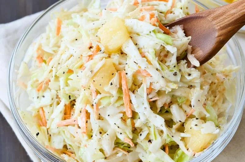 Bowl of Hawaiian Coleslaw with colorful ingredients, showcasing its tropical flavors.