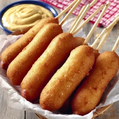 Delicious honey corn dogs served with dipping sauce
