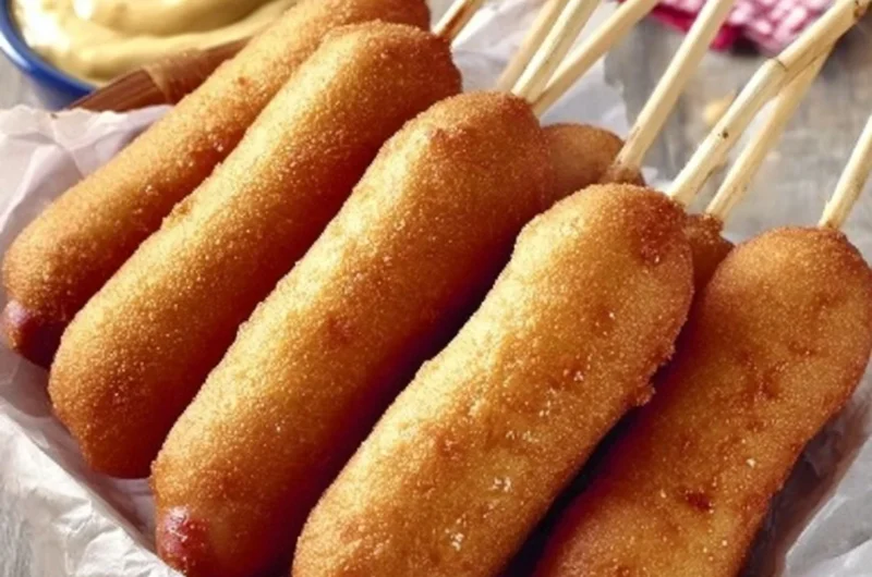 Delicious honey corn dogs served with dipping sauce