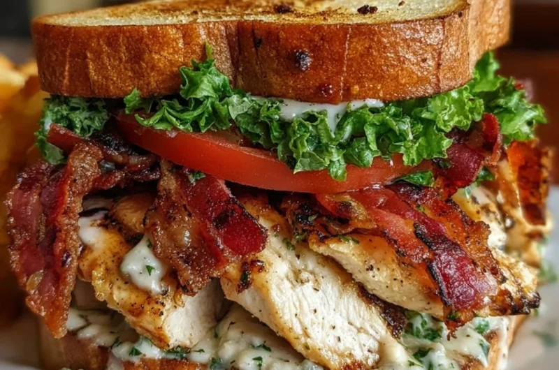 Delicious Loaded Chicken Club sandwich with avocado, bacon, and fresh ingredients.