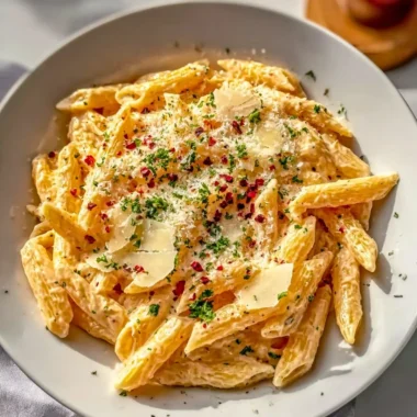 A delicious bowl of one pot creamy garlic pasta garnished with herbs