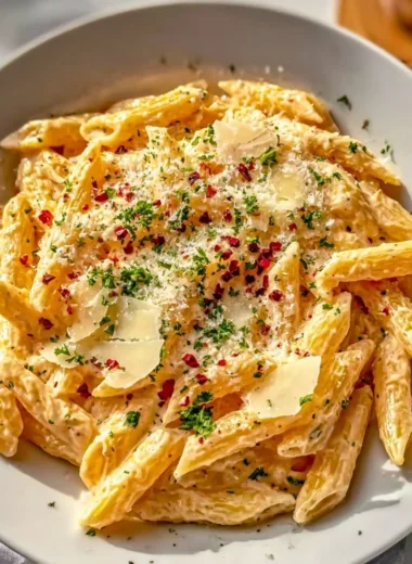 A delicious bowl of one pot creamy garlic pasta garnished with herbs