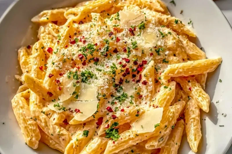 A delicious bowl of one pot creamy garlic pasta garnished with herbs