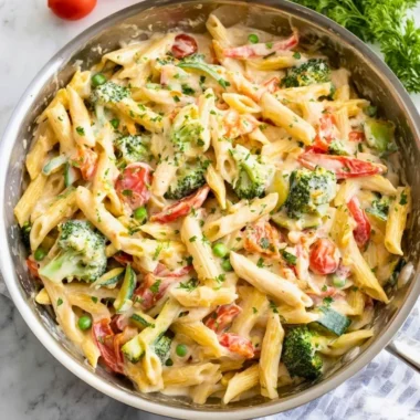 Colorful Pasta Primavera with fresh vegetables and herbs