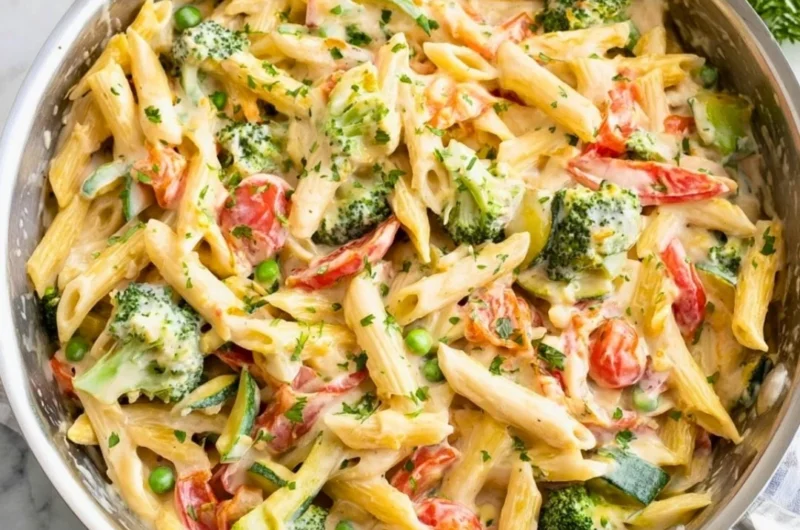 Colorful Pasta Primavera with fresh vegetables and herbs