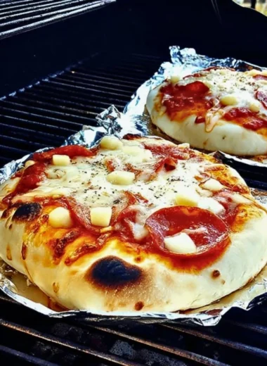 Delicious grilled pizza with fresh toppings on a barbecue grill