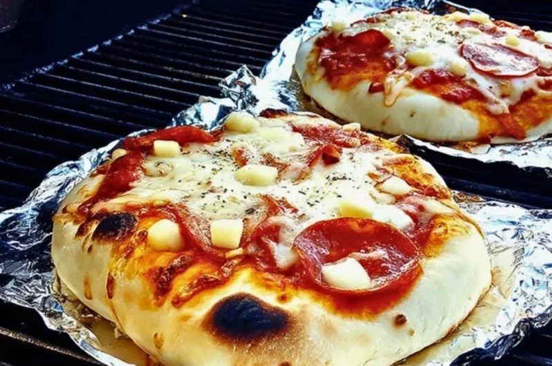 Delicious grilled pizza with fresh toppings on a barbecue grill