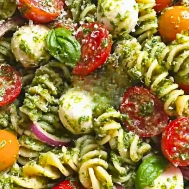 Pesto pasta salad with tomatoes and mozzarella served in a bowl