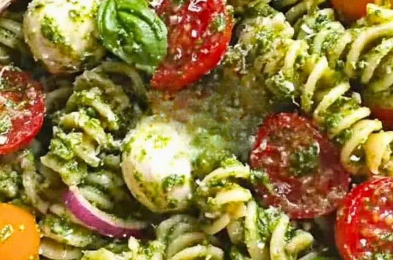 Pesto pasta salad with tomatoes and mozzarella served in a bowl