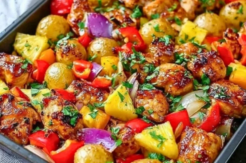 Pineapple Chicken Sheet Pan Dinner with vibrant vegetables and pineapple slices