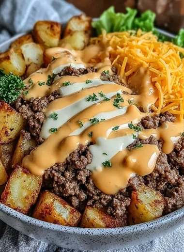 Smash Burger Bowl filled with juicy burgers and fresh toppings