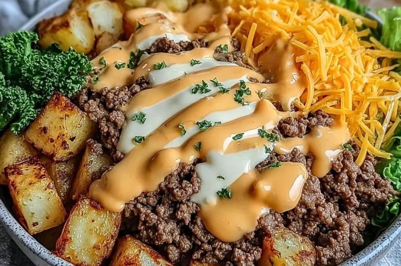 Smash Burger Bowl filled with juicy burgers and fresh toppings