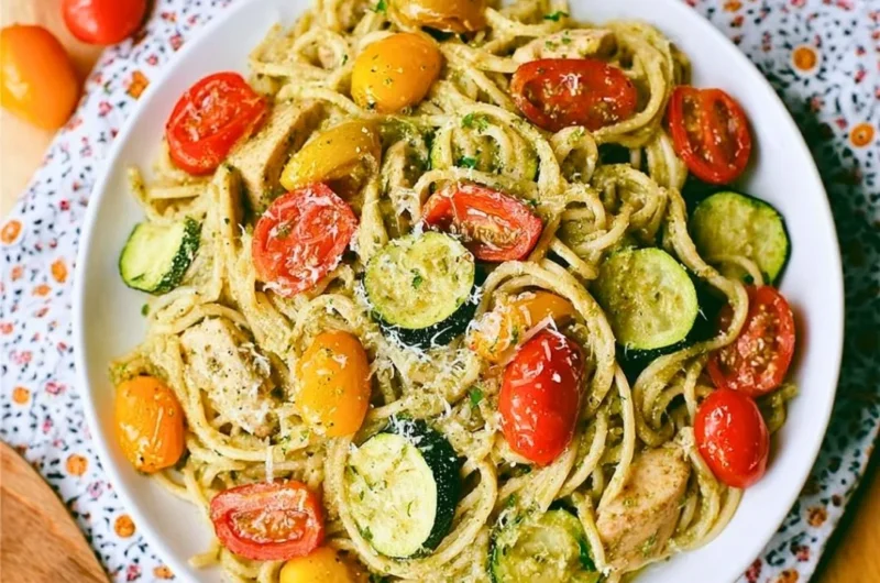 Summer Pasta with Parmesan, Zucchini, Tomato, and Chicken in a bowl