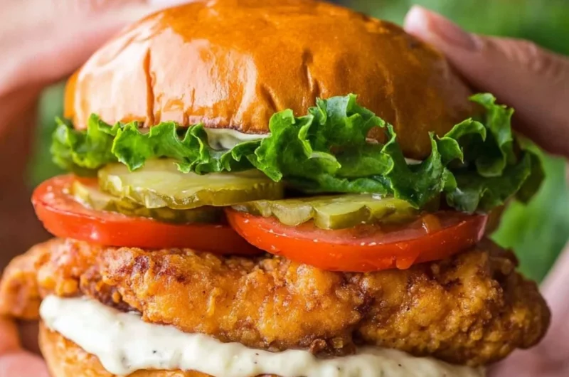 Delicious Ultimate Crispy Chicken Sandwich with toppings and sauce