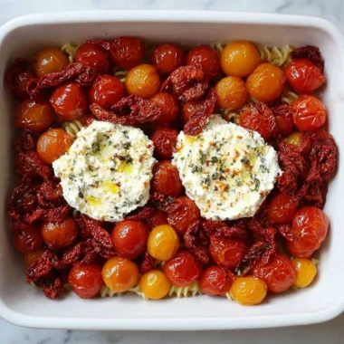 Baked feta pasta with Boursin served in a white bowl, garnished with fresh herbs.