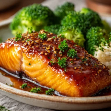 Delicious baked salmon fillet garnished with herbs on a plate