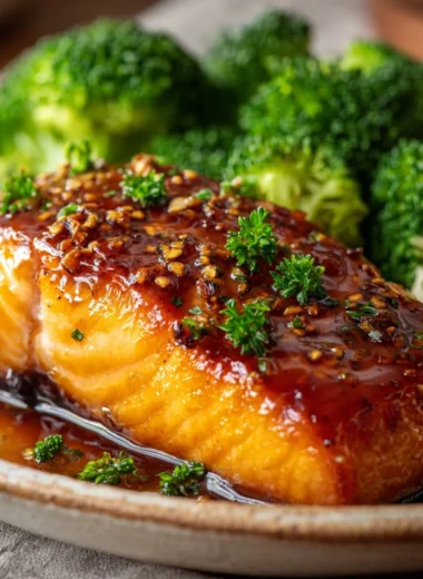 Delicious baked salmon fillet garnished with herbs on a plate