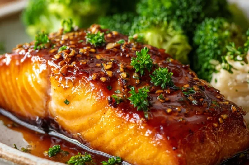 Delicious baked salmon fillet garnished with herbs on a plate