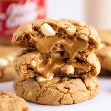 Biscoff stuffed white chocolate chip cookies on a plate