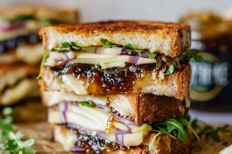 Gourmet brie, fig, and apple grilled cheese sandwich on a plate.