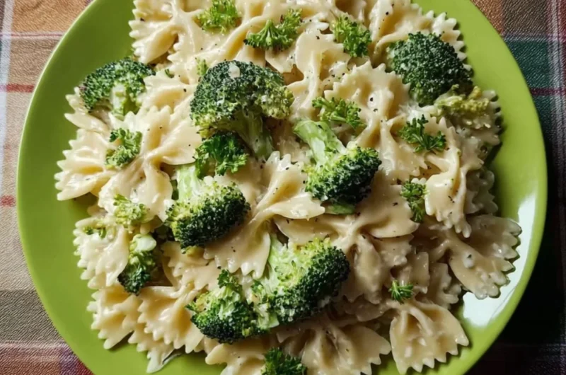 Creamy Broccoli Alfredo Pasta topped with parmesan cheese and fresh herbs