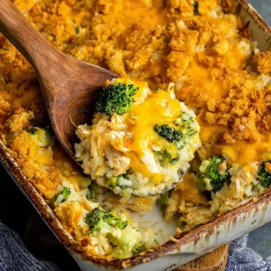 Broccoli Cheddar Chicken Casserole with rice and melting cheese, baked to perfection.