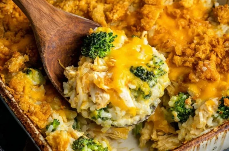 Broccoli Cheddar Chicken Casserole with rice and melting cheese, baked to perfection.