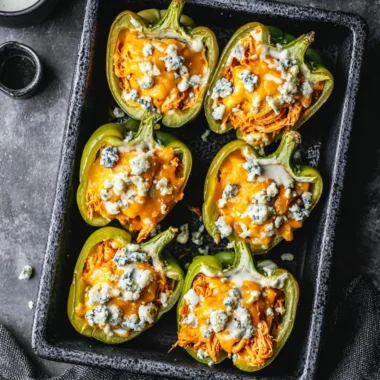 Buffalo Chicken Stuffed Peppers fresh out of the oven, garnished and ready to serve