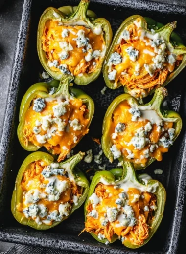 Buffalo Chicken Stuffed Peppers fresh out of the oven, garnished and ready to serve