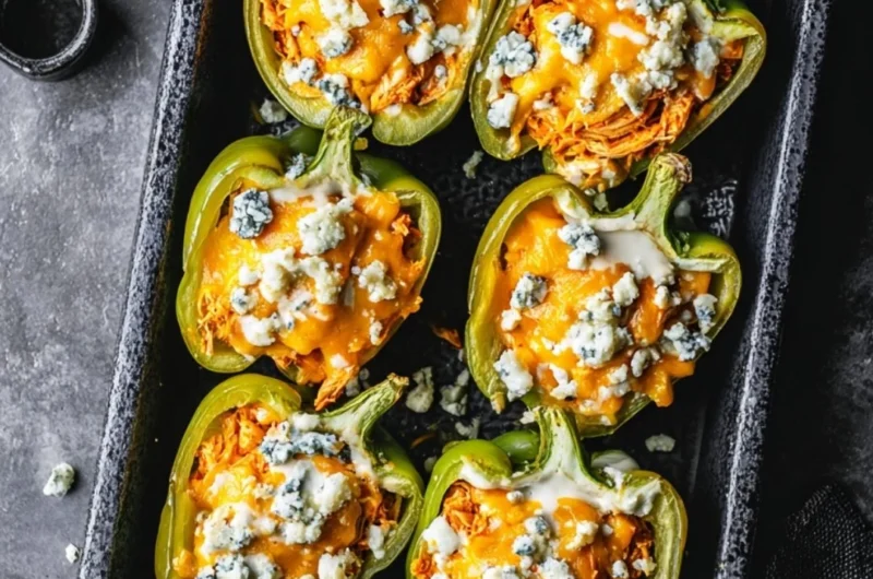 Buffalo Chicken Stuffed Peppers fresh out of the oven, garnished and ready to serve