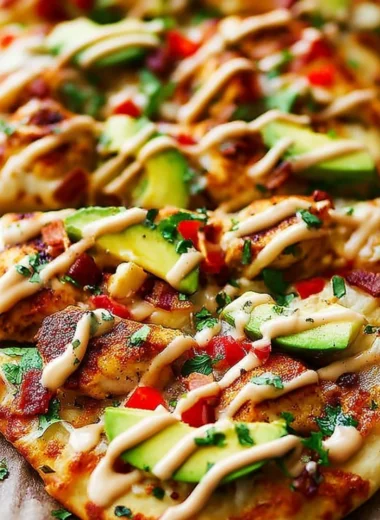 California Chicken Flatbread drizzled with chipotle ranch dressing