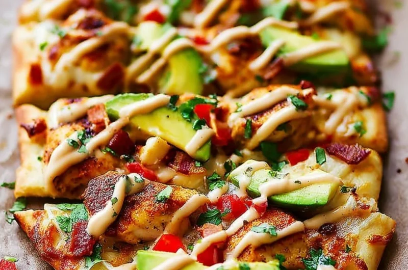 California Chicken Flatbread drizzled with chipotle ranch dressing