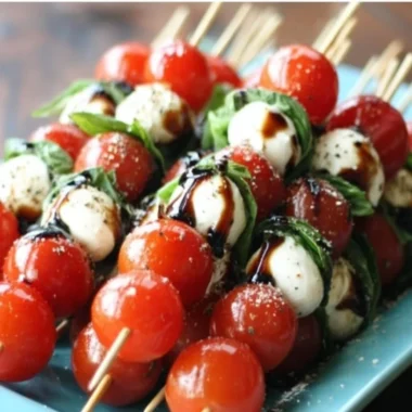 Caprese Salad Skewers with tomatoes, mozzarella, and basil on a white plate.