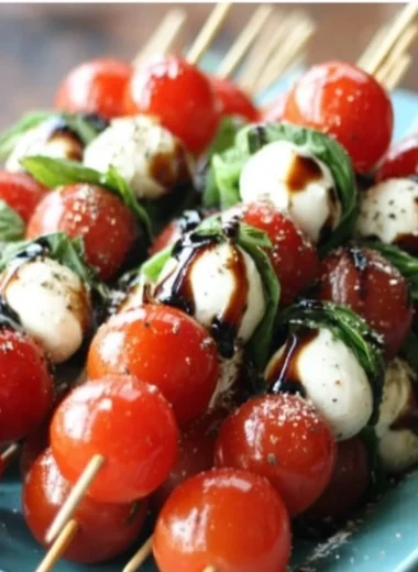 Caprese Salad Skewers with tomatoes, mozzarella, and basil on a white plate.