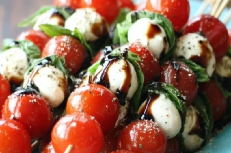 Caprese Salad Skewers with tomatoes, mozzarella, and basil on a white plate.
