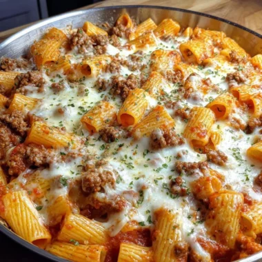 Cheesy baked rigatoni with ground beef served in a casserole dish