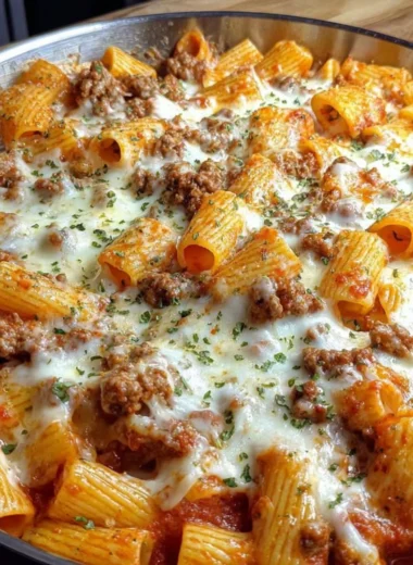 Cheesy baked rigatoni with ground beef served in a casserole dish